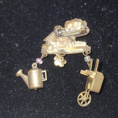Vintage Cottage Garden Brooch with Wheelbarrow Rose Watering Can Charms