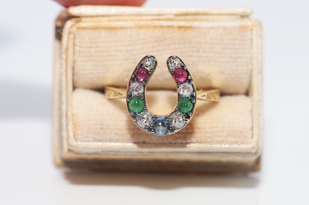New Made 18k Gold Natural Diamond And Ruby Sapphire Emerald Horse Shoe Ring