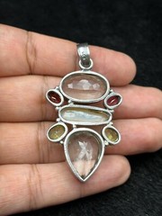 Vintage Handmade Sterling Silver Pendant With Natural Faceted Muti Gems Stone