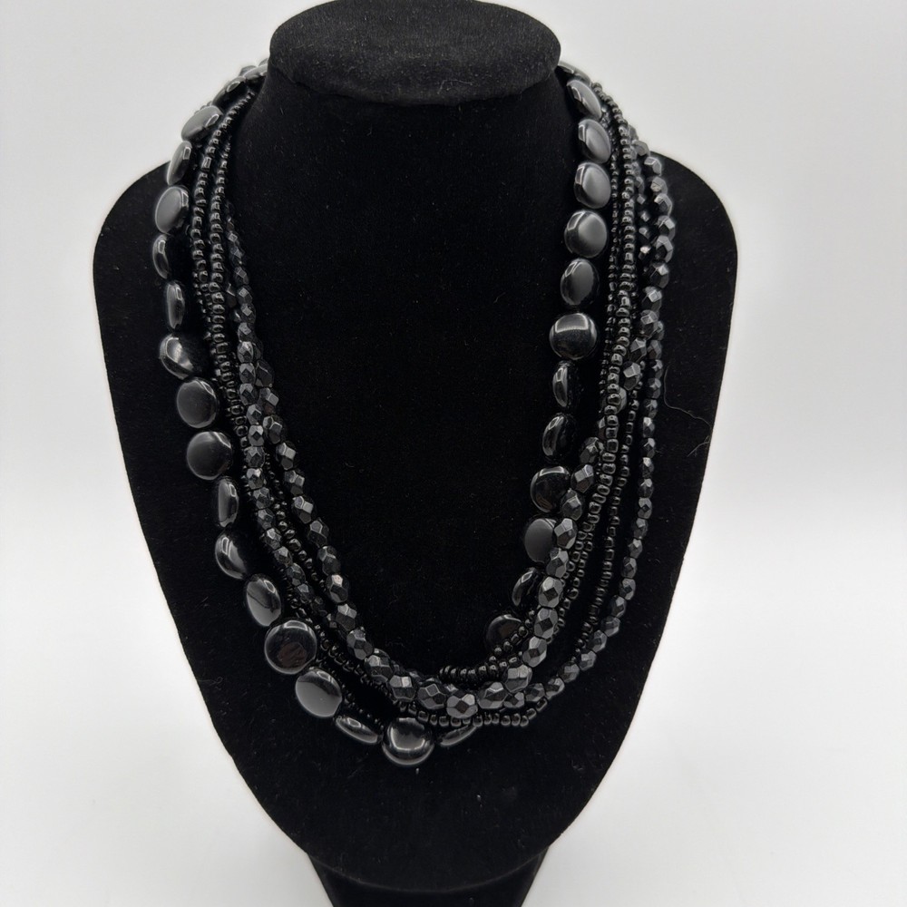 Premier Designs Black Multi Strand Beaded Necklace Statement Layered Faceted