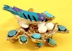 Signed Swoboda Blue Bird on Nest & Turquoise Stones Brooch Vintage