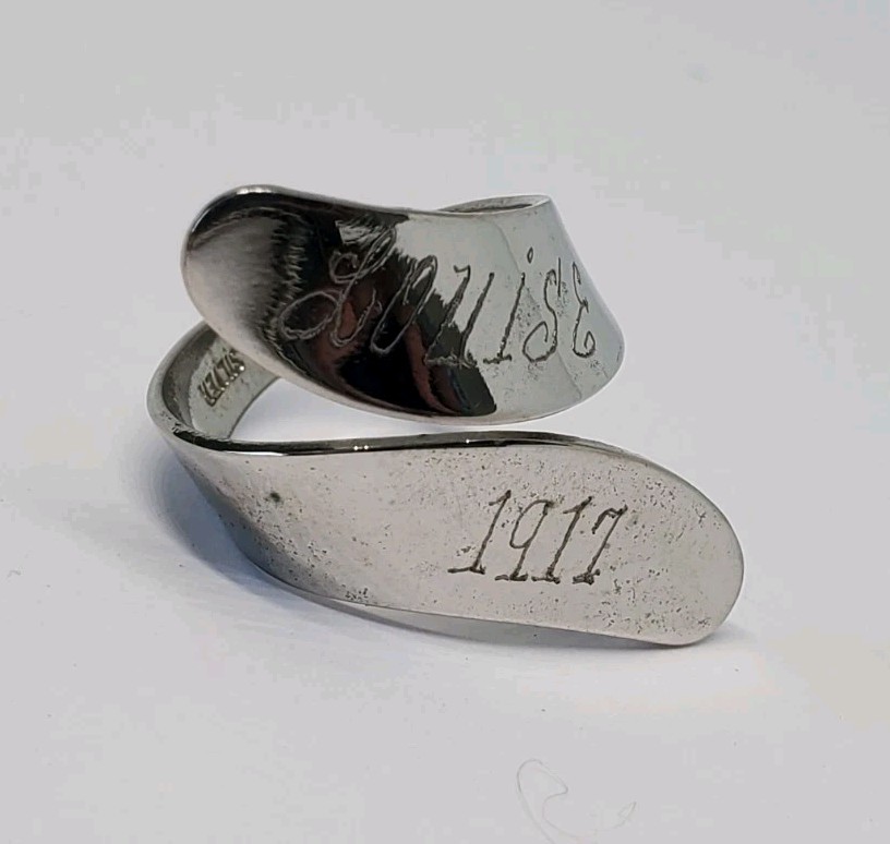 Vintage Antique Nickel Silver Wrap Ring Engraved Louise 1917 Sz 6