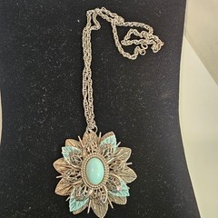 Vintage Southwest style Silver Tone Medallion pendant: Turquoise color cabochon