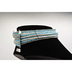 Vintage Beaded Choker Necklace Chunky Silver White Sky Blue Chunky 1990s Bin4A