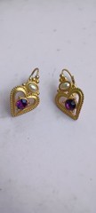 Vintage Gold Tone Matte Heart Leverback Drop Earrings Purple Rhinestone