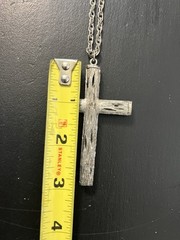 Brutalist Cross Necklace Large Rustic Pendant Wood Look Silver Tone Christian