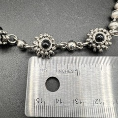 Vintage Long Silver Tone Necklace Black Floral Stations 35″ Southwest Statement