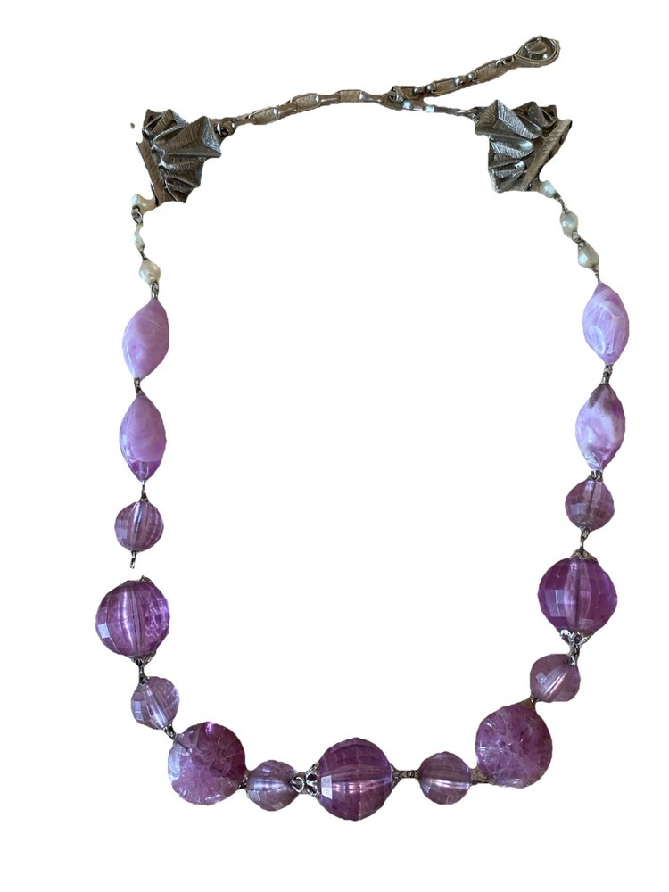 Vintage Necklace Beaded Lavender Lilac Pearl Faceted Silver Tone
