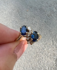 VINTAGE 14K GOLD BLUE SAPPHIRE DIAMOND TOI ET MOI RING ENGAGEMENT ANNIVERSARY
