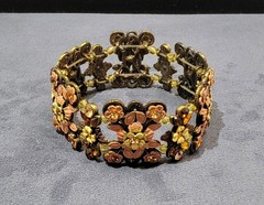 Vintage Enamel Floral Panel stretch brass tone bracelet