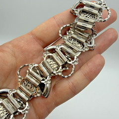 Vintage Silver Toned Bar Link Bracelet Smokey Glass Faux Pearl Size 6.5