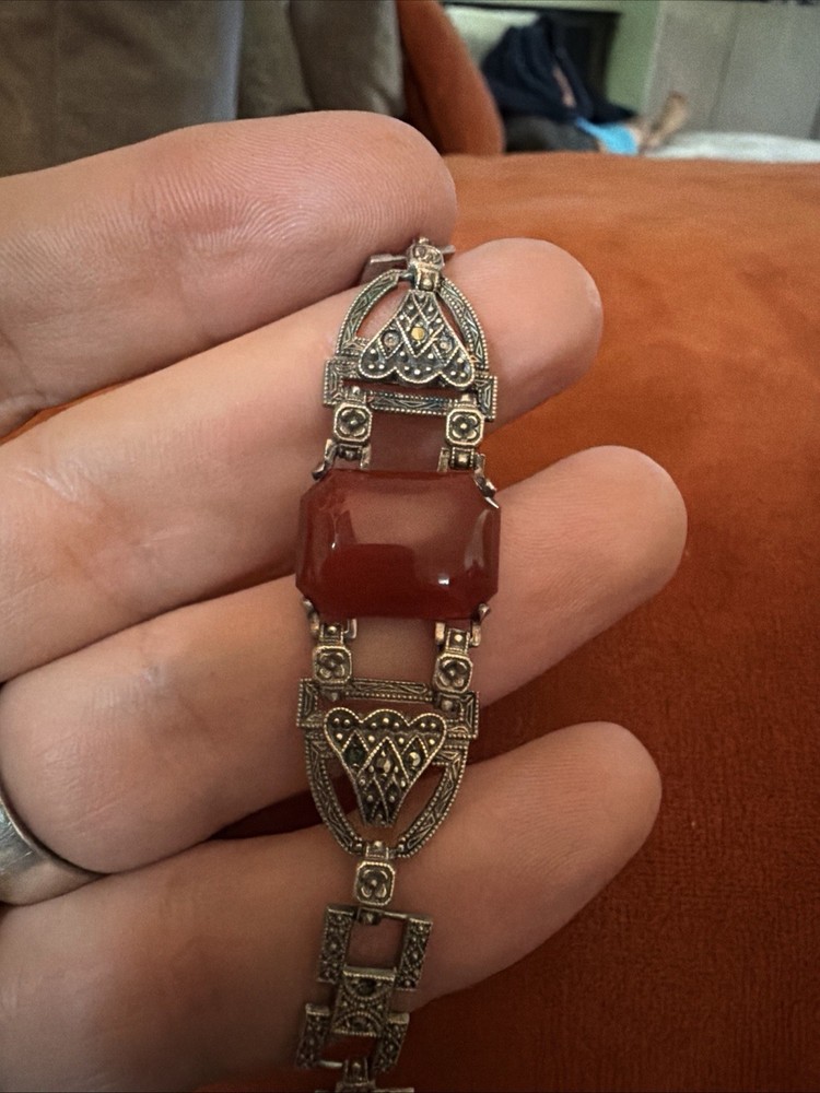 Vintage Art Deco Sterling Silver Carnelian Marcasite Panel Link Bracelet 1930s