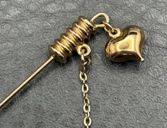 Vintage Gold Tone Stick Pin with Heart Charm Dangle & Chain