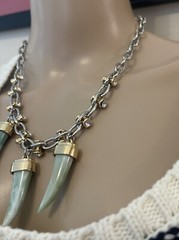 Silver tone Clear Rhinestones White Plastic HORN Shape Pendant 19″ Chain