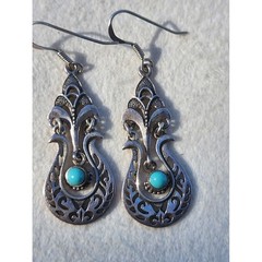 Vintage 925 Sterling Silver Turquoise Filigree Drop Dangle Earrings