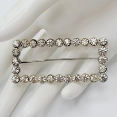 Rhinestone Open Metal Rectangle Frame Early 20th Century Silver Tone Brooch Pin