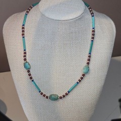 Vintage Egyptian Revival Necklace With Teal Scarab Beads & Red Gold Glass boho