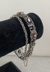 Vintage Judy Lee Silver Triple Link Victorian Revival Bracelet Cameo Rhinestone
