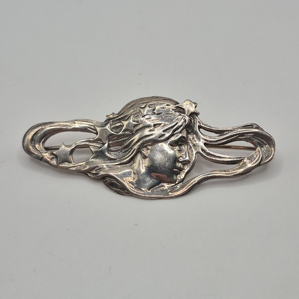 Modern Lady & Stars Art Nouveau Inspired Woman Profile Sterling Silver Brooch