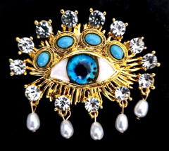 Gold Tone Faux Pearls & Rhinestones Acrylic Eye Brooch Contemporary