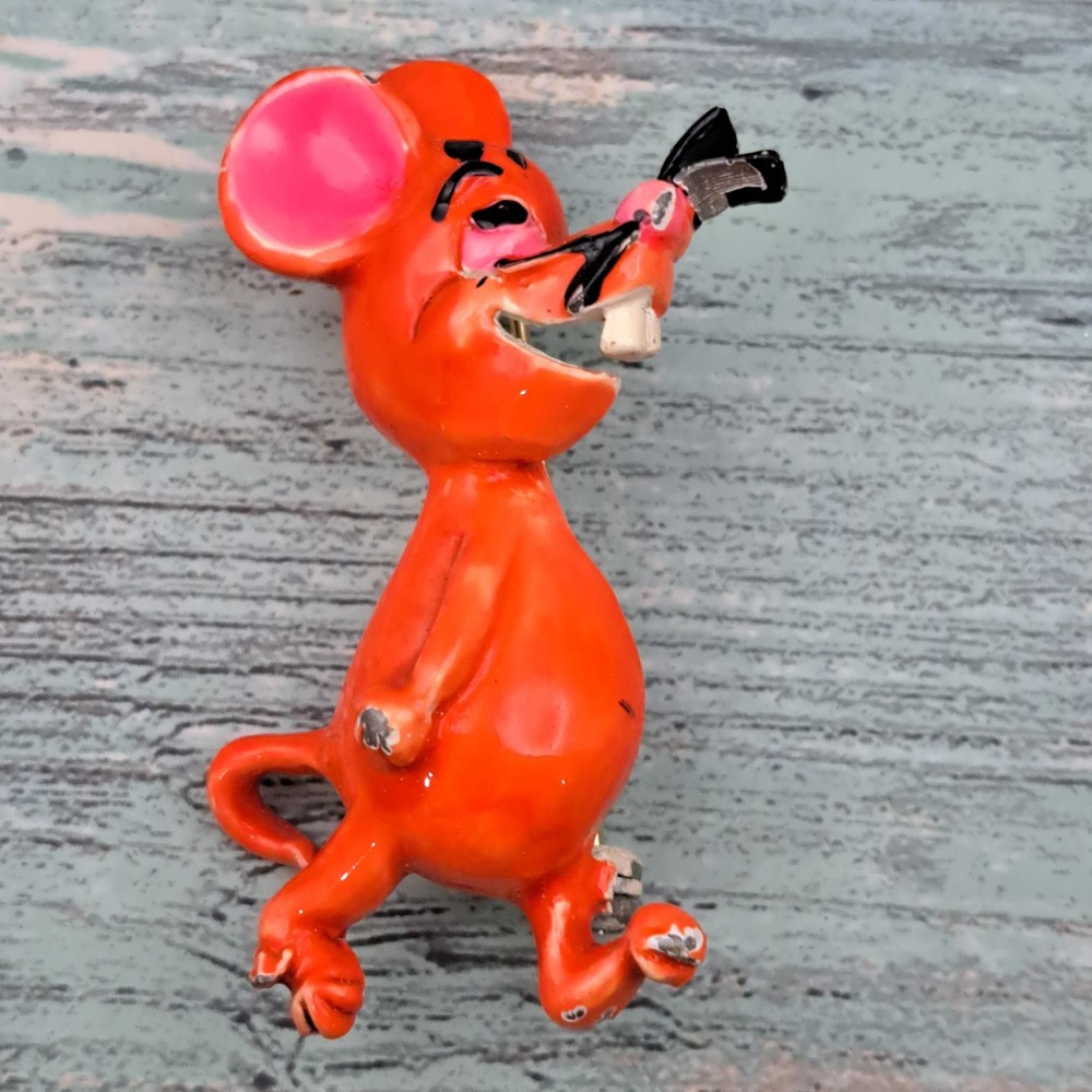 Vintage MCM Enamel Cartoon Mouse Orange Pink Brooch