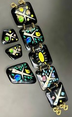 1950s/60s Enamel on Copper 3 Piece Studio Jewelry Set MCM Birds Trees Sunburst
