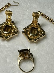 Vtg 1950s Topaz Rhinestone Choker Necklace Earring Ring Parure Set Unsigned D&E
