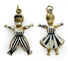 Rare Antique 14K Gold Enamel Nénette & Rintintin Lucky Charm Pair France