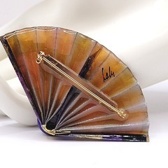 Purple Hue Art Paper Fan Brooch Pin Artist Signed Acrylic Glaze Origami Style