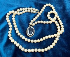 Vintage Double Strand Faux Pearl Cameo Necklace Black White Resin Cameo