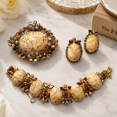 Juliana D&E Faux Honey Malachite Marble Bracelet Brooch Earrings Set Book Piece