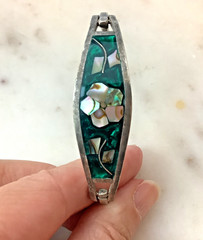 Vintage Abalone Silver Bangle Flower Bracelet Oval Shape Signed Taxco Mexico