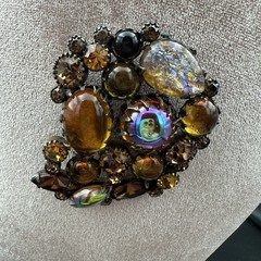 Vintage KRAMER Orange Yellow Brown Rhinestone Stone Brooch Large Navette
