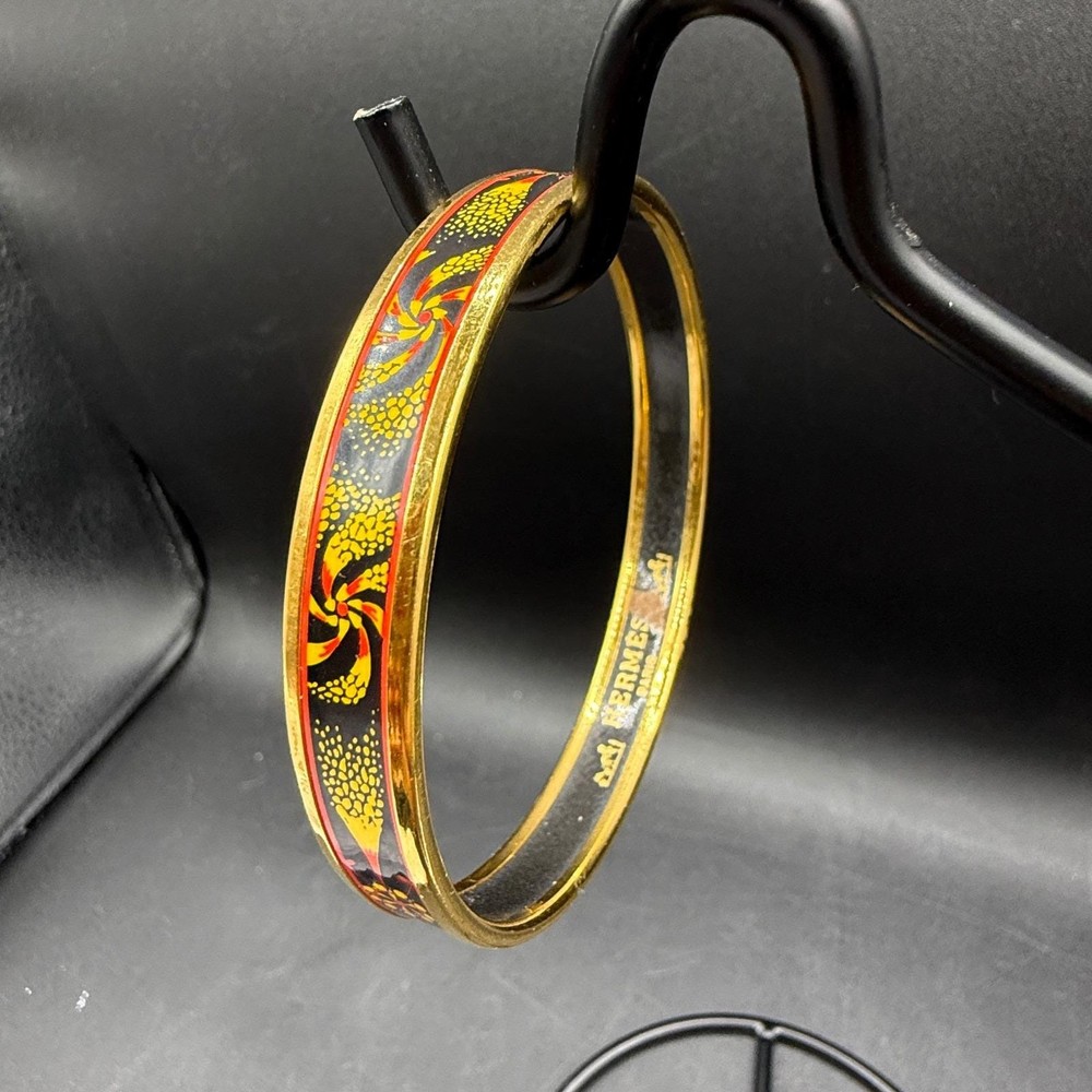 Hermes Vintage Enamel Bangle Bracelet Women Gold Red Yellow Floral Narrow GM