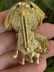 Vintage Gold tone wired faux turquoise pearl Dog Brooch Pin Jewelry