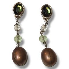 Vintage 80s/90s Green & Gold Tone Dangle Drop Clip-on Earrings