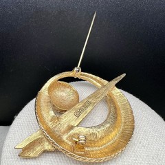 Florenza Vintage Gold Tone Rhinestone Orbit Swirl Brooch Textured 3” Modernist