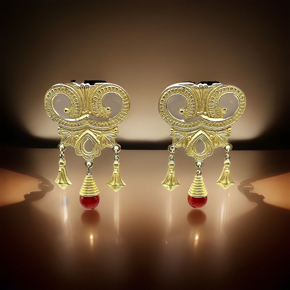 Vintage Etruscan Revival Brushed Gold Drop Dangle Lucite Red Carnelian Earrings