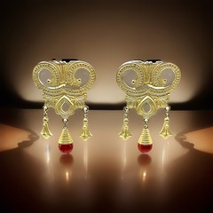 Vintage Etruscan Revival Brushed Gold Drop Dangle Lucite Red Carnelian Earrings