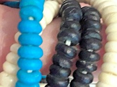 Vintage, Blue, off-white, black, handcrafted chunky beaded necklace.