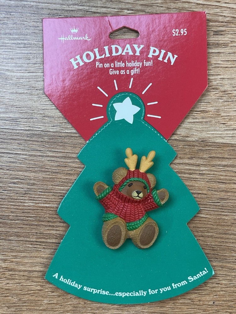 Vintage Hallmark Holiday Pin Brooch Teddy Bear in Sweater with Reindeer Ears NEW