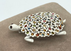 Mod White enamel Multi-color Rhinestone Flower shell Turtle Brooch