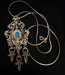 Celebrity NY Gold Tone Faux Turquoise Cabochon Red Rhinestone Pendant Necklace