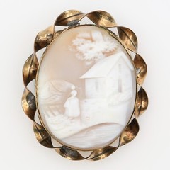 Antique Victorian Rebecca at the Well Hand-Carved Cameo GF Brooch Pair 1880s