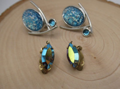 Vintage Clip on Earring lot 2 pair Turquoise man made Opal Almond Rhinestone
