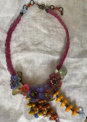 Vintage Glass & Lucite Beaded Floral Necklace with Rhinestone Accents 14-16” Adj
