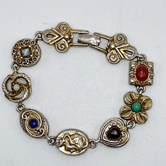 Vintage Goldette NY Victorian Revival Faux Stones 8 Charm Bracelet 7.25″