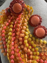 Vintage 1970s Multi-Strand Heart Bead Necklace + Clip-On Earrings Set Orange