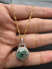 JTV Foil Glass Silver 925 Pendant Necklace Green Aventurine Flake Gold Tone 19″