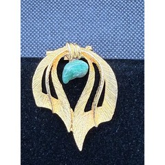 VTG Gold Tone Abstract Textured Brooch Pendant Green Stone Mid Century Modern